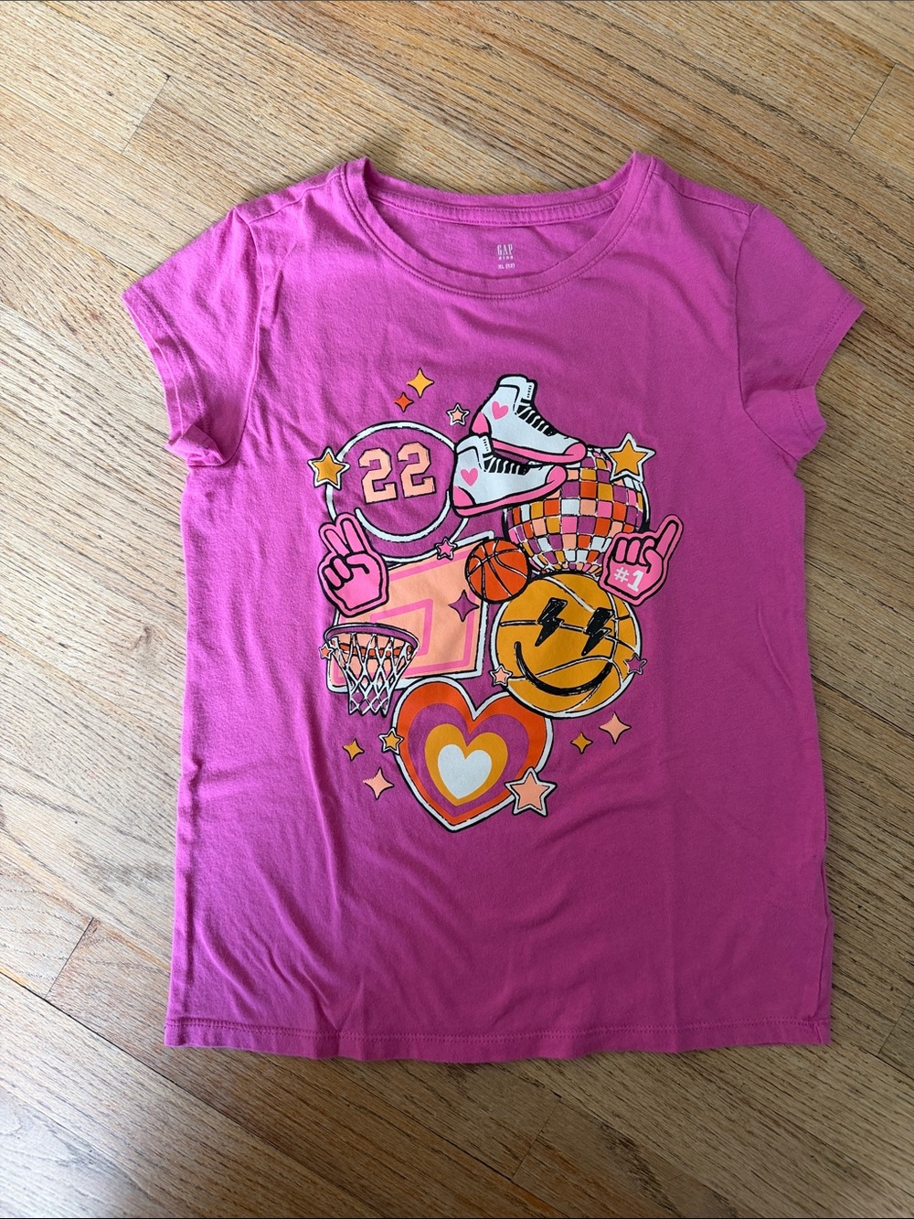 GAP Girls Bright Pink Graphic Tee with Sports & Heart Motifs